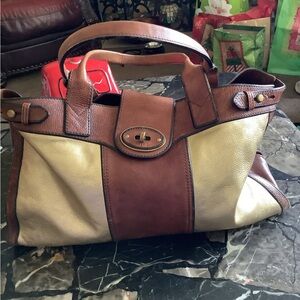 Fossil reissue large gold metallic leather weekender tote bag 18x12